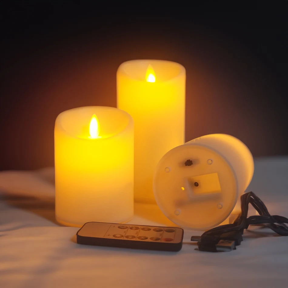 USB Rechargeable LED Candles 3-Piece Set - Flameless Pillar Candles with Remote