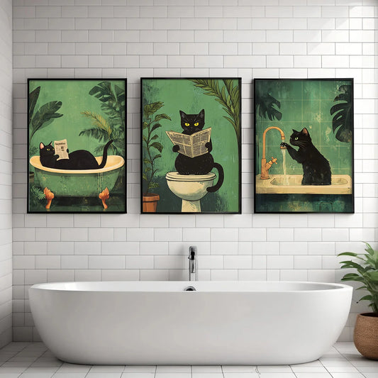 Funny Black Cat Bathroom Wall Art - Set of 3 Canvas Prints for Toilet Decor