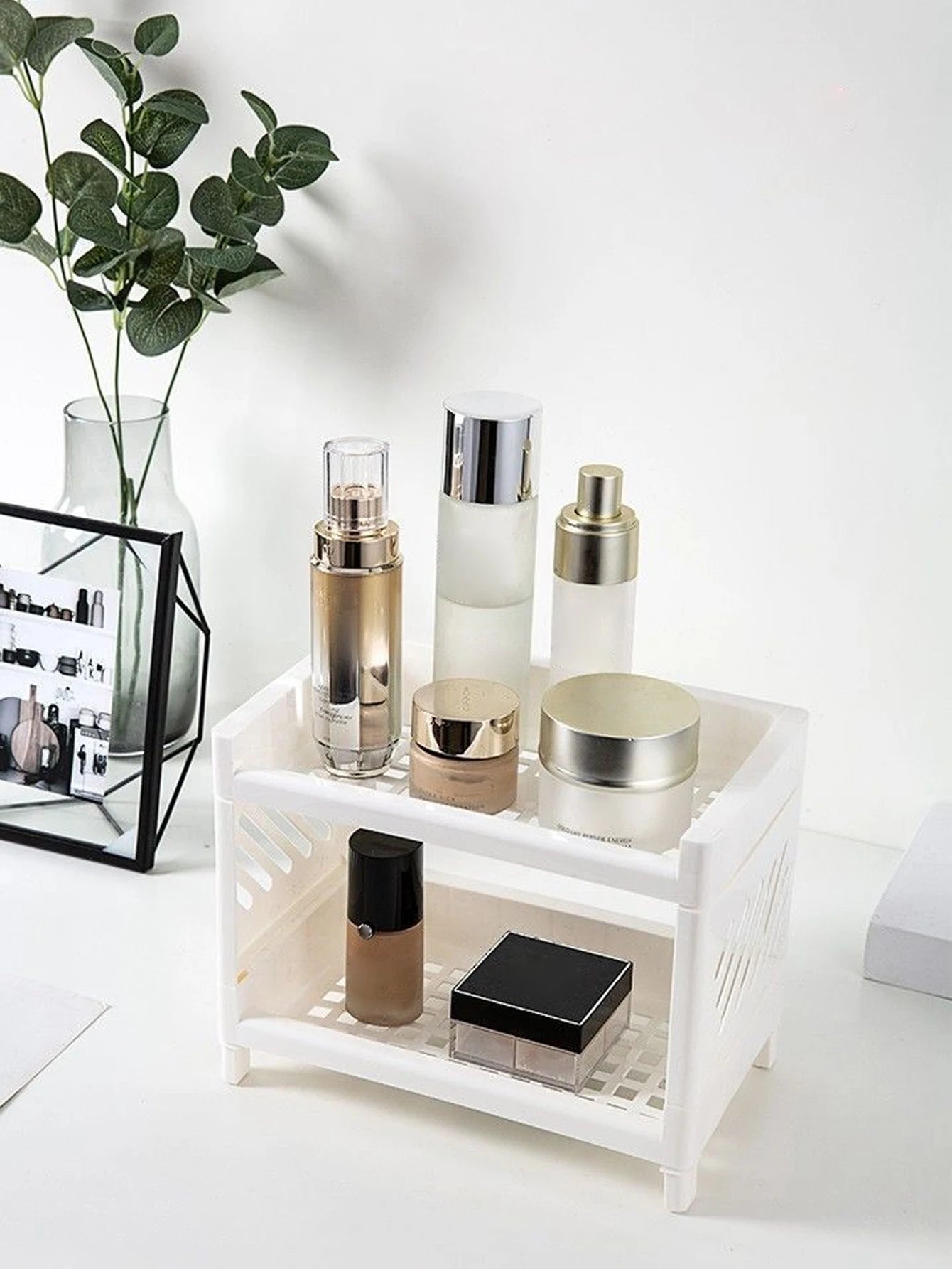 Desktop Storage Organizer - 2-Layer White Rack for Desk, Office, Cosmetics & Stationery