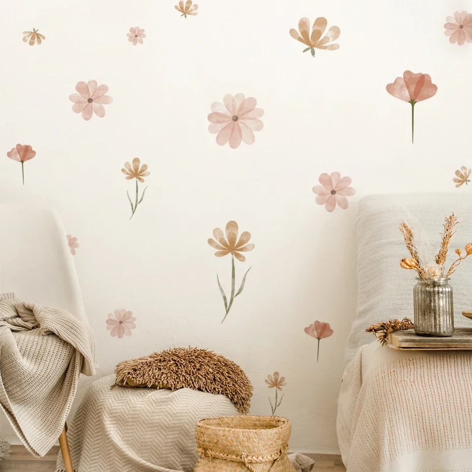 Boho Watercolor Flower Wall Stickers - Removable Peel & Stick Decals for Bedroom & Nursery