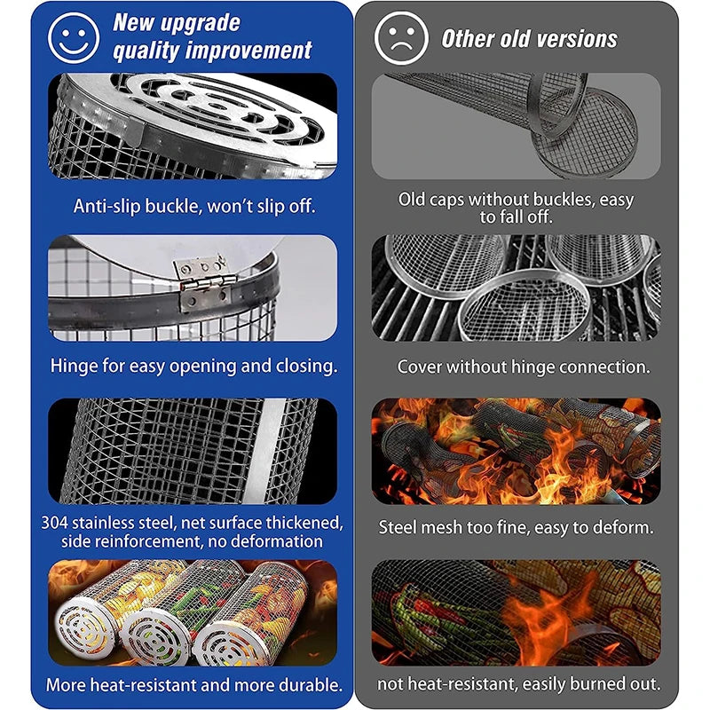 Stainless Steel Rolling BBQ Grill Basket for Vegetables, Shrimp & More