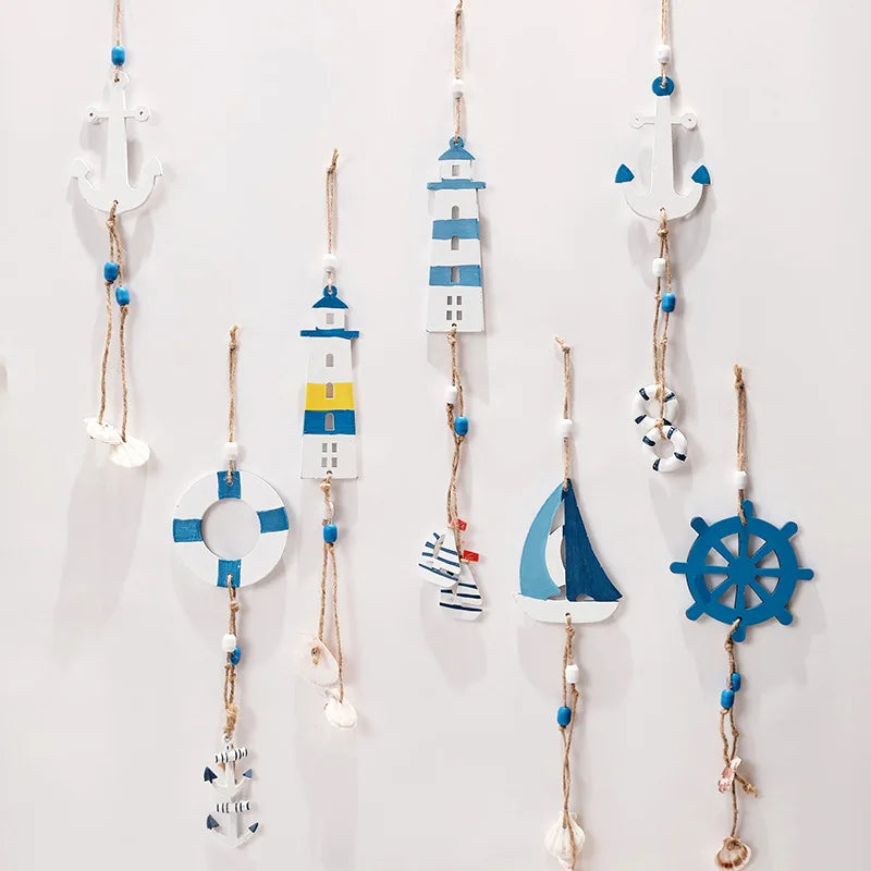 Mediterranean Coastal Wall Decor - Wooden Lighthouse & Sailboat Hanging Ornaments