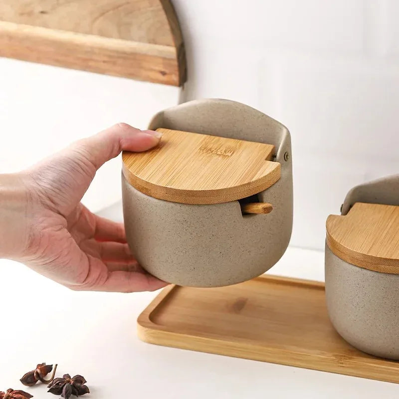 Japanese Ceramic Spice Jar with Bamboo Lid & Spoon — Kitchen Sugar, Salt & Seasoning Container