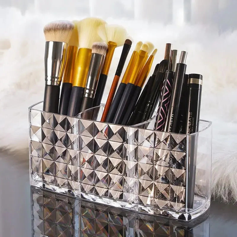 Diamond Pattern Mirror Storage Box - Bathroom Cosmetics & Lipstick Organizer