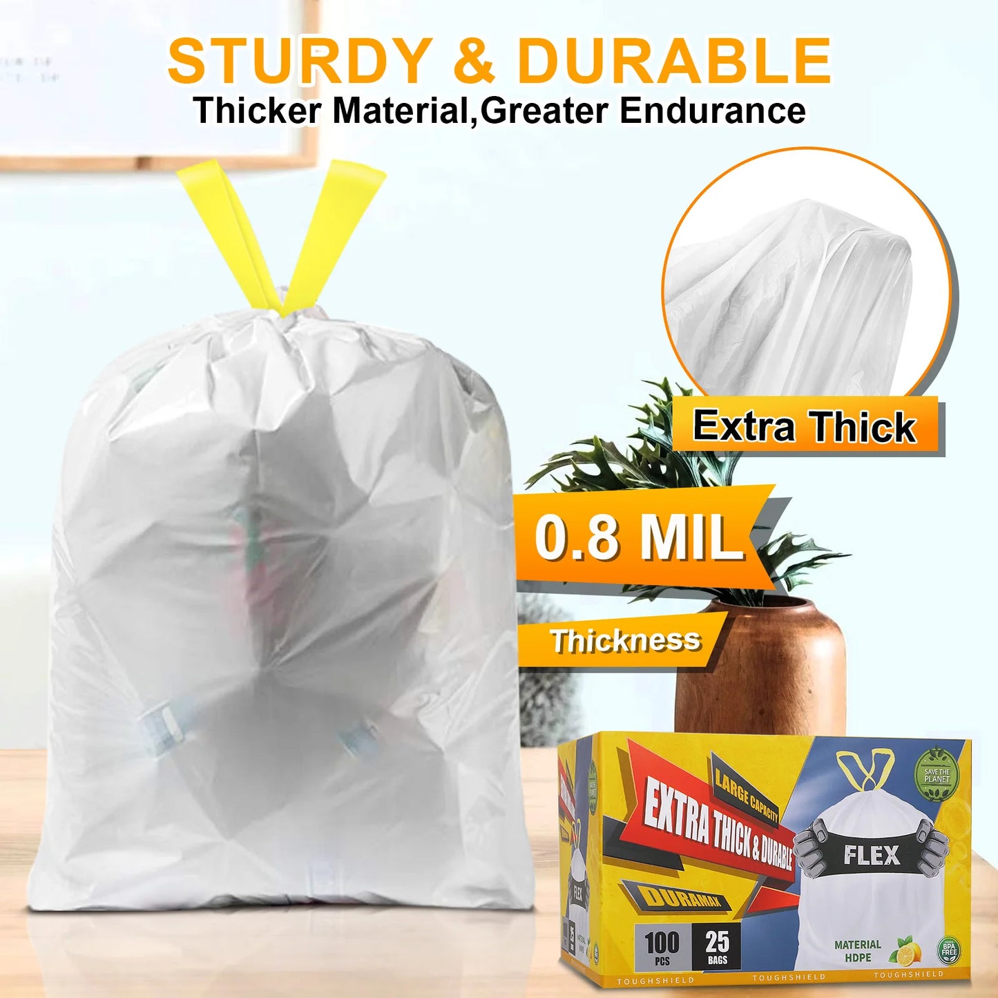 Heavy Duty Drawstring Trash Bags - 13 Gallon Kitchen Waste Bags