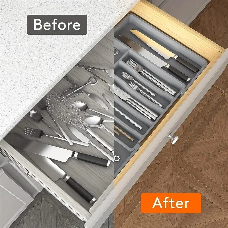 Adjustable Cutlery Drawer Organizer — Expandable Utensil Tray with Dividers for Kitchen Silverware