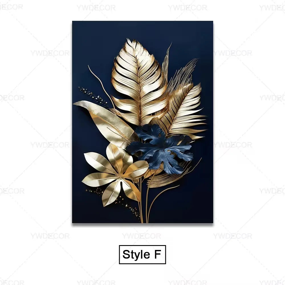 Black Gold Plant Leaves Canvas Wall Art - Modern Abstract Poster for Living Room Decor