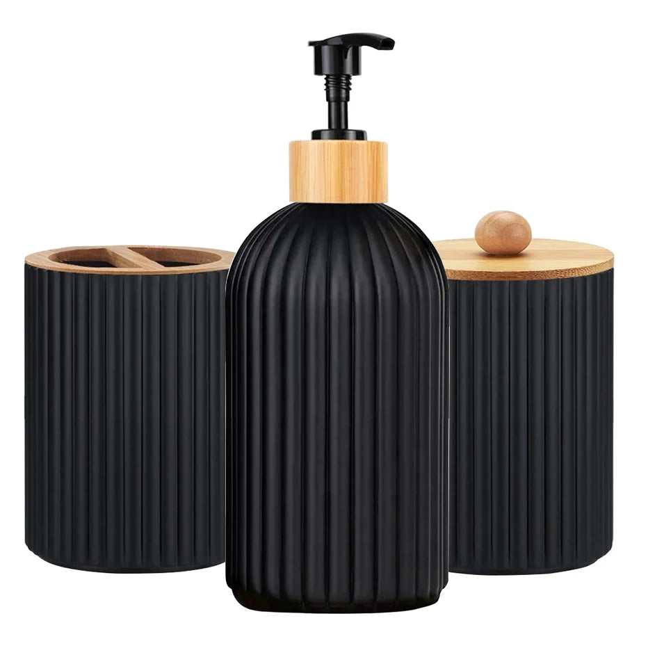 Bamboo Bathroom Organizer Set - Soap Dispenser, Storage & Toothbrush Holder