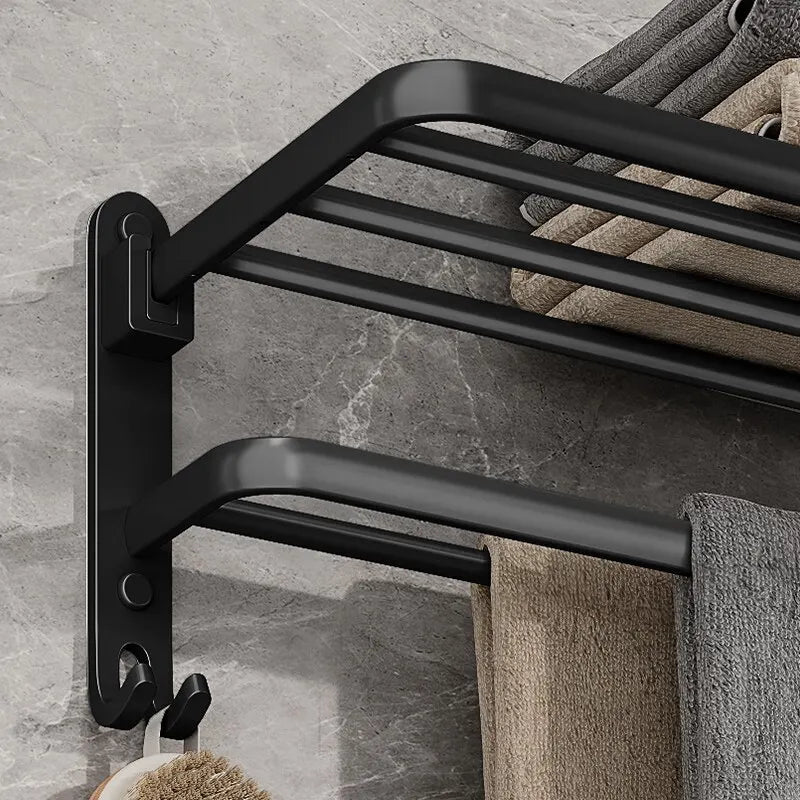 Matte Black Double Towel Rack with Folding Bars