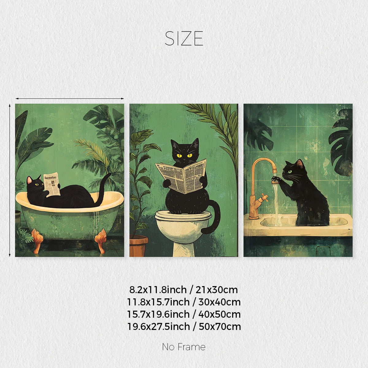 Funny Black Cat Bathroom Wall Art - Set of 3 Canvas Prints for Toilet Decor