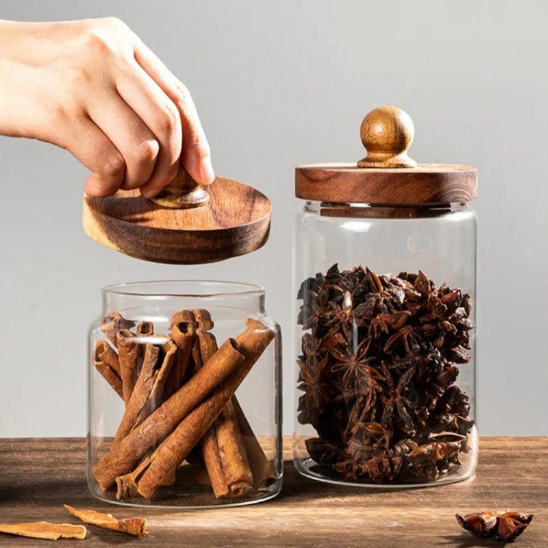 Airtight Glass Food Storage Jar with Acacia Wood Lid — S, M & L for Coffee, Spices, Nuts & More