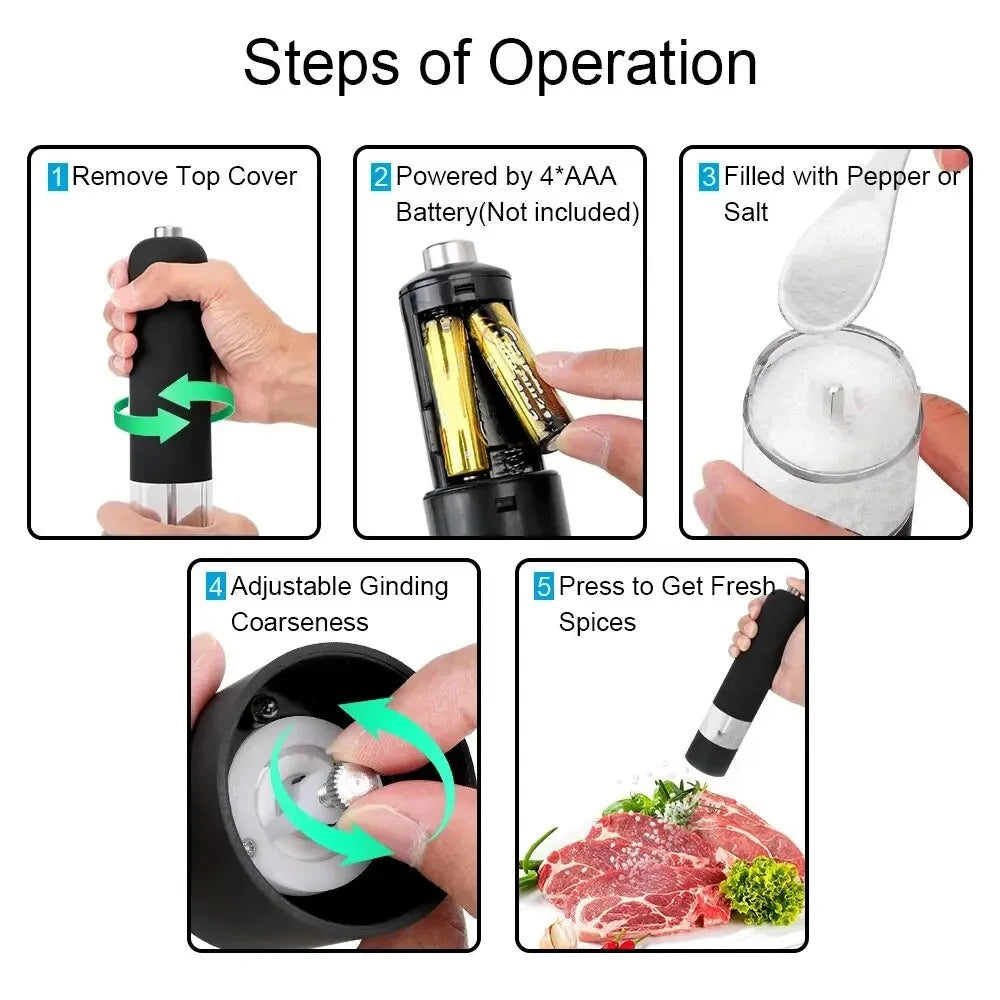 Electric Automatic Pepper & Salt Grinder - LED Light with Adjustable Coarseness