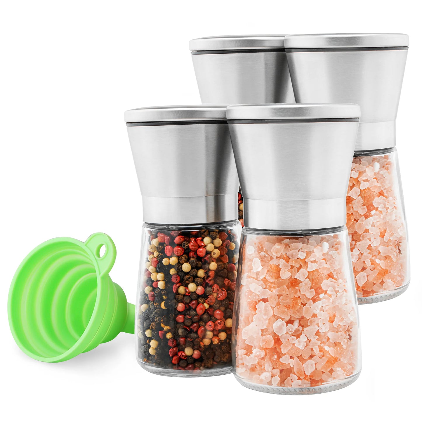 Stainless Steel Salt & Pepper Grinder Set - Glass Shaker Mills with Adjustable Coarseness