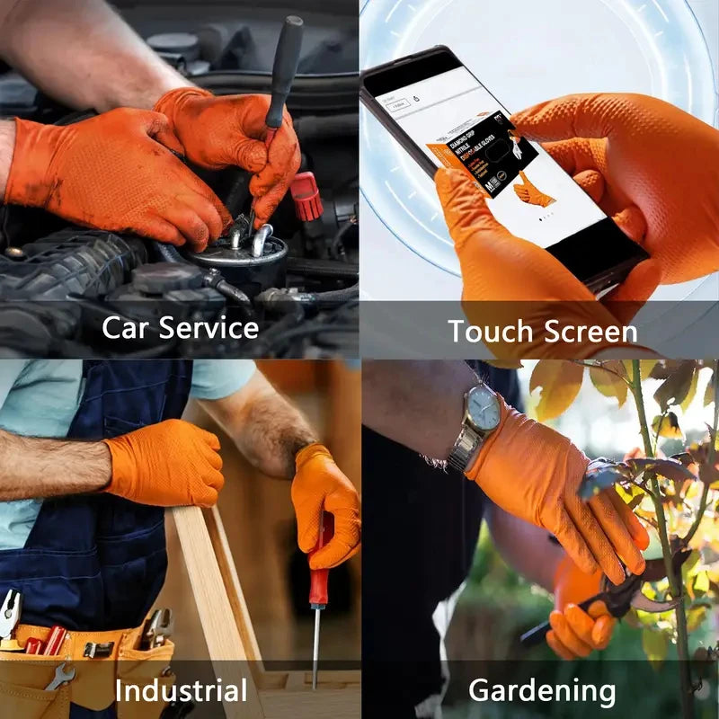 Heavy Duty Orange Nitrile Gloves - 8Mil Industrial Disposable Gloves with Diamond Grip