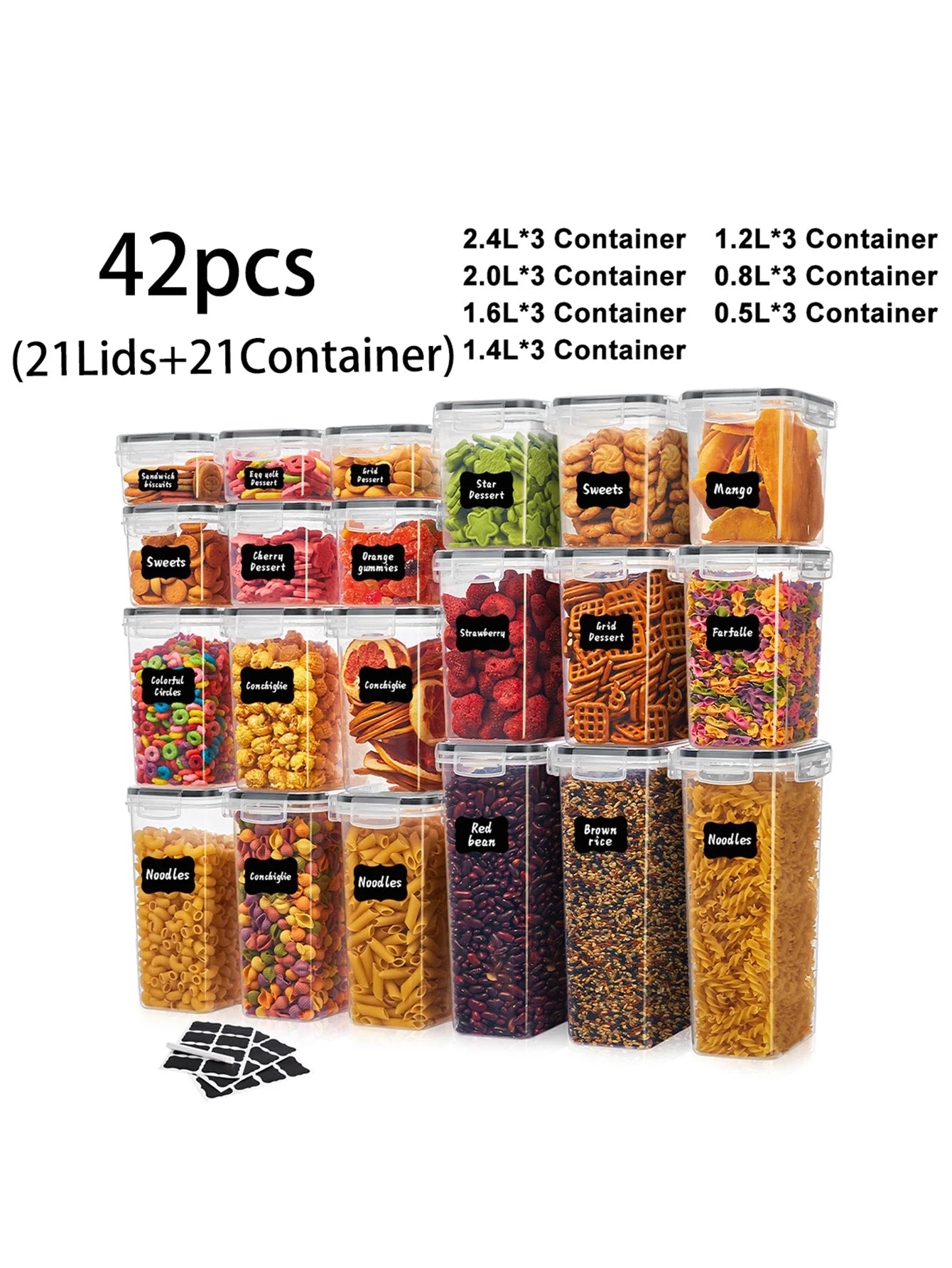 42-Piece Airtight Food Storage Container Set with Lids & Labels — Pantry Organizer for Flour, Sugar, Grains & More