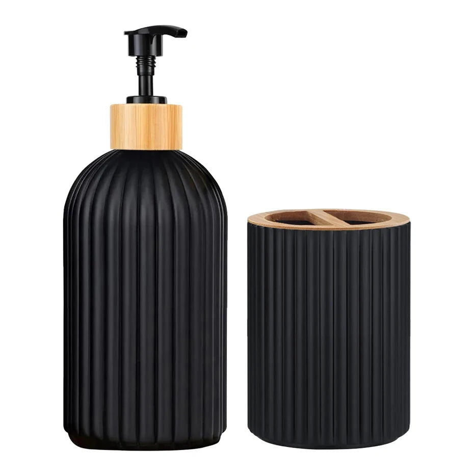 Bamboo Bathroom Organizer Set - Soap Dispenser, Storage & Toothbrush Holder
