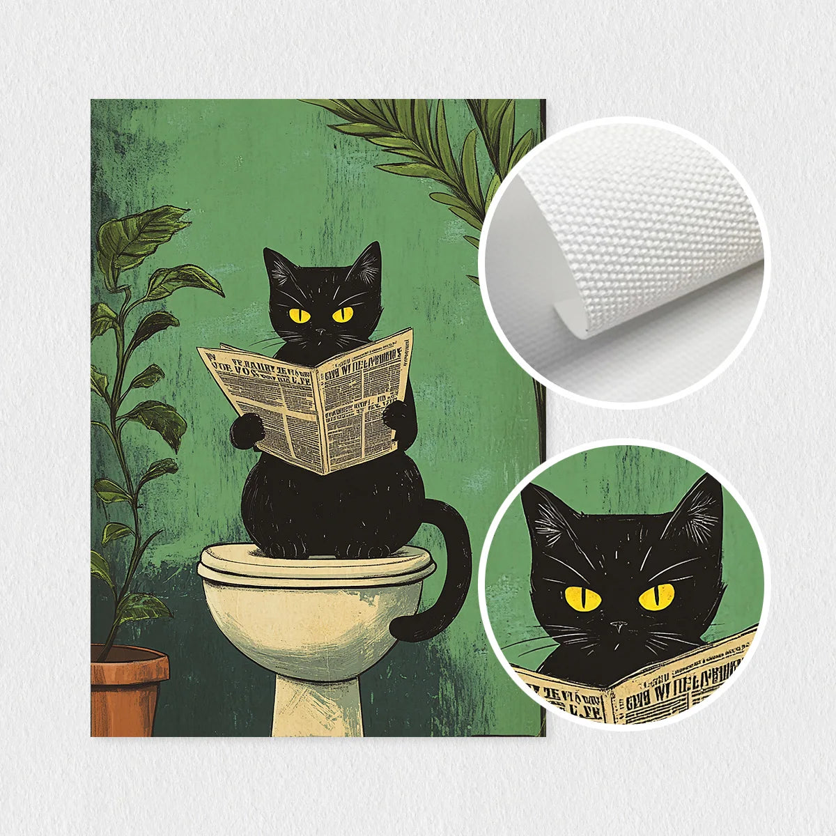 Funny Black Cat Bathroom Wall Art - Set of 3 Canvas Prints for Toilet Decor