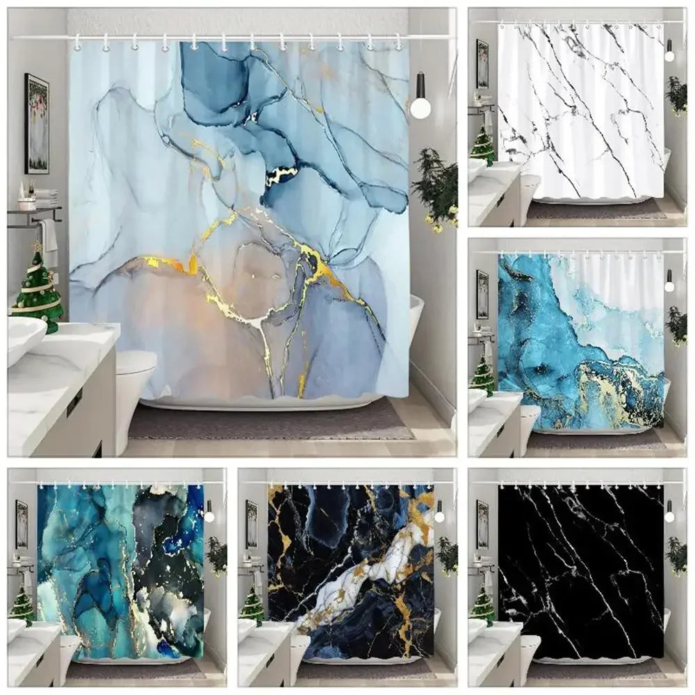 Luxury Blue Gold Marble Shower Curtain - Waterproof Polyester Bathroom Decor (Multiple Sizes)