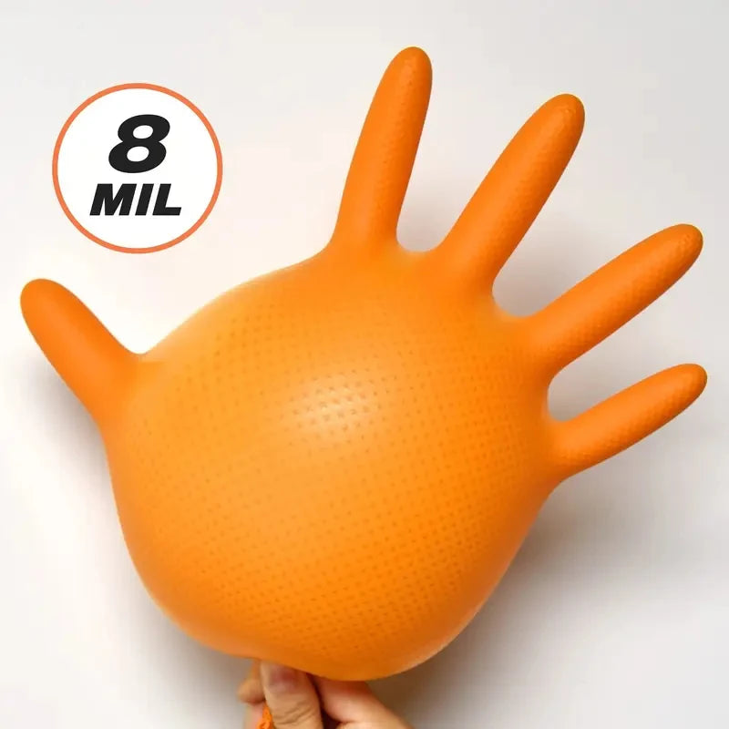 Heavy Duty Orange Nitrile Gloves - 8Mil Industrial Disposable Gloves with Diamond Grip
