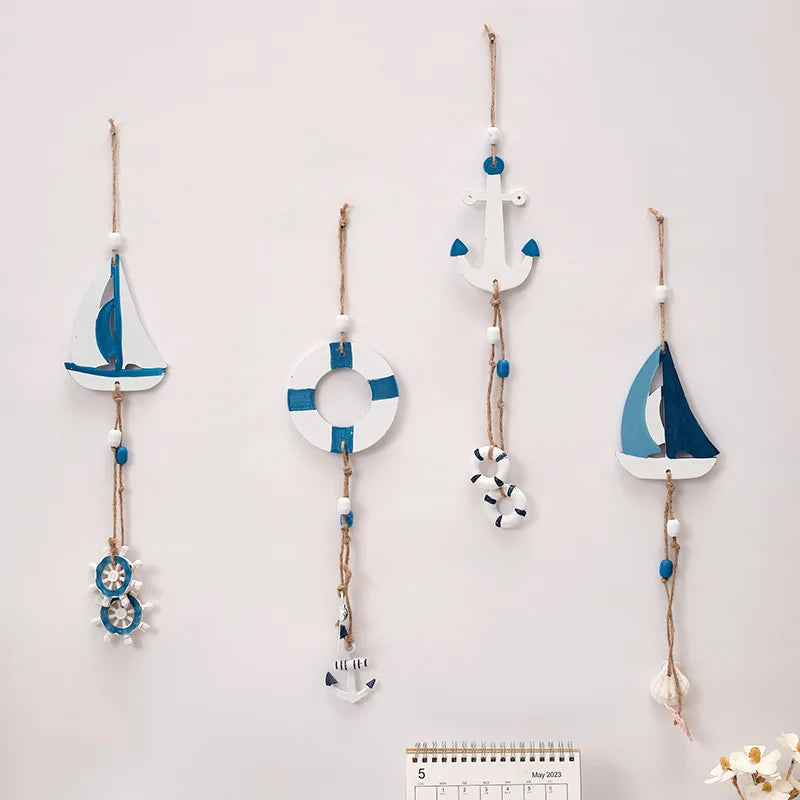 Mediterranean Coastal Wall Decor - Wooden Lighthouse & Sailboat Hanging Ornaments