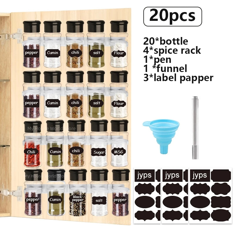 Clear Plastic Spice Jar Set with Rack — 5, 10, 15 & 20 Piece Seasoning Organizer for Kitchen & BBQ