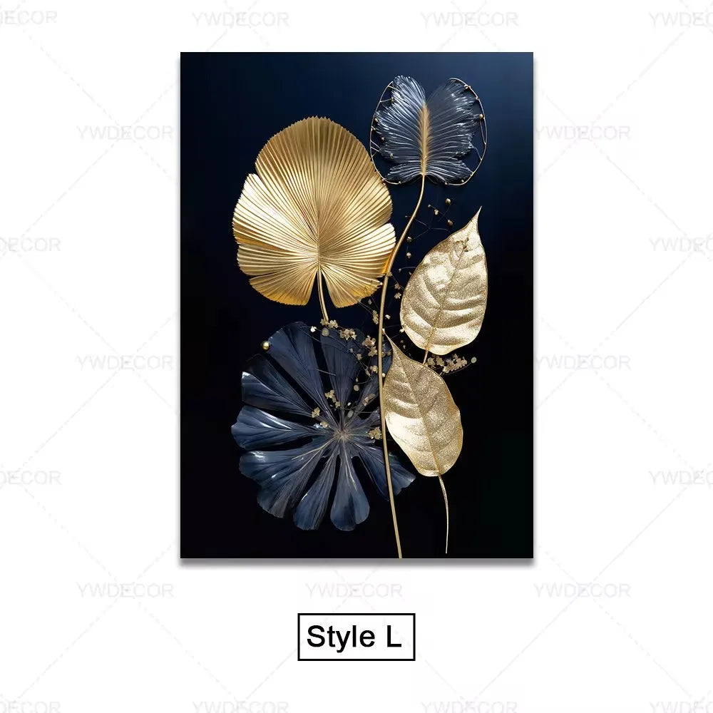 Black Gold Plant Leaves Canvas Wall Art - Modern Abstract Poster for Living Room Decor