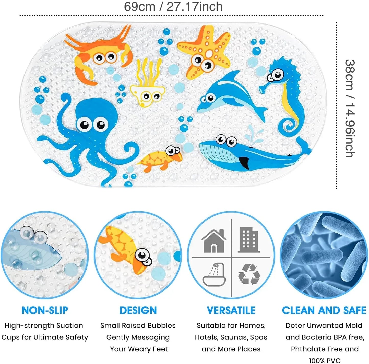 Non-Slip Shower Mat with Suction Cups - Cute Cartoon Bath Mat