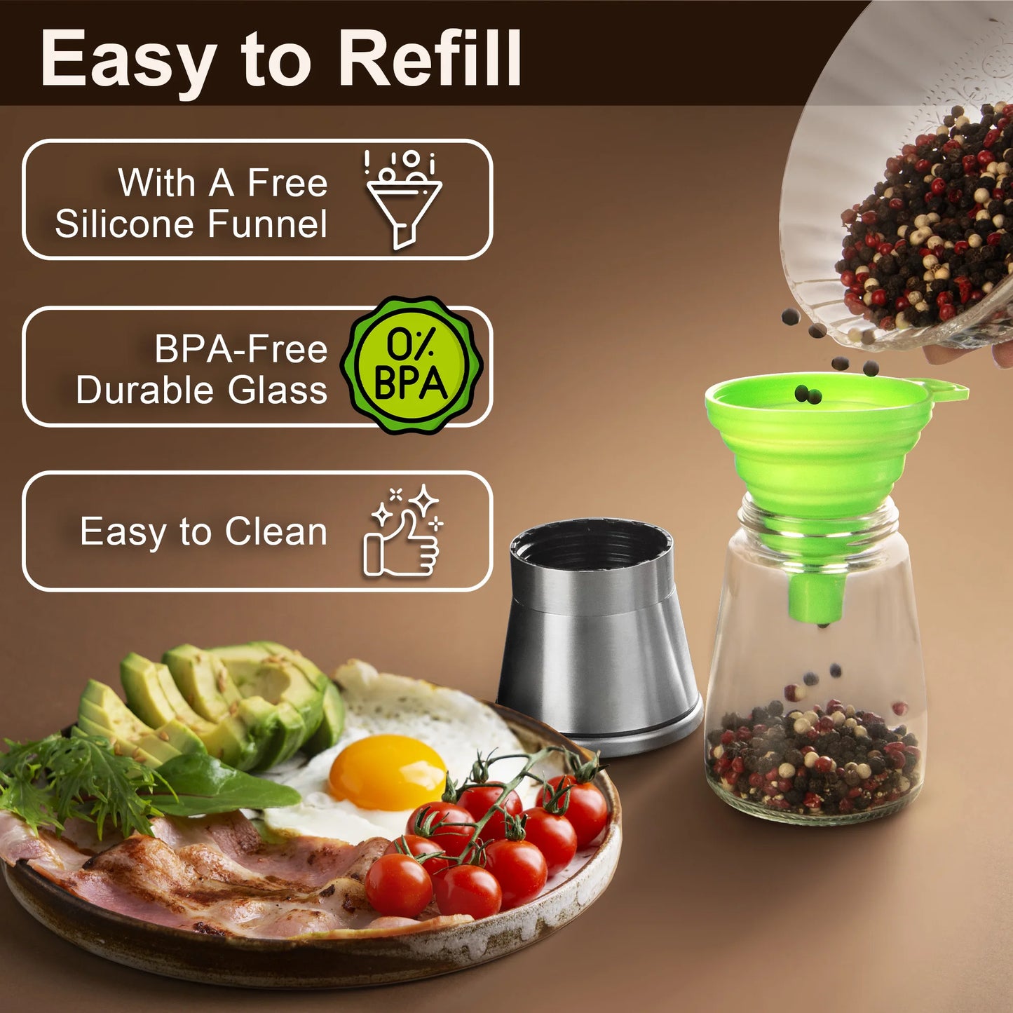Stainless Steel Salt & Pepper Grinder Set - Glass Shaker Mills with Adjustable Coarseness