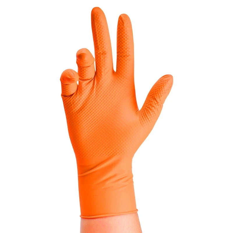 Heavy Duty Orange Nitrile Gloves - 8Mil Industrial Disposable Gloves with Diamond Grip