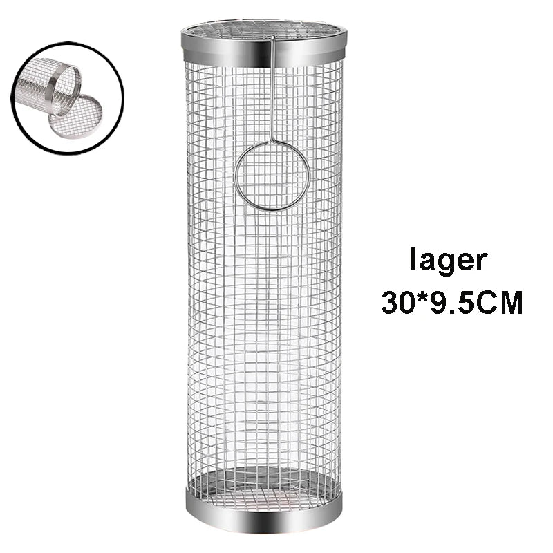 Stainless Steel Rolling BBQ Grill Basket for Vegetables, Shrimp & More