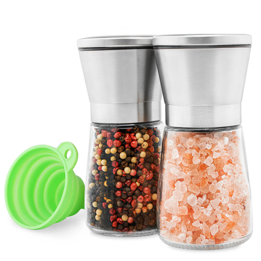 Stainless Steel Salt & Pepper Grinder Set - Glass Shaker Mills with Adjustable Coarseness
