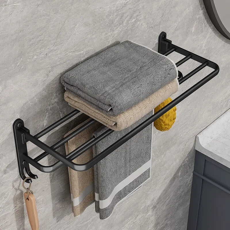 Matte Black Double Towel Rack with Folding Bars