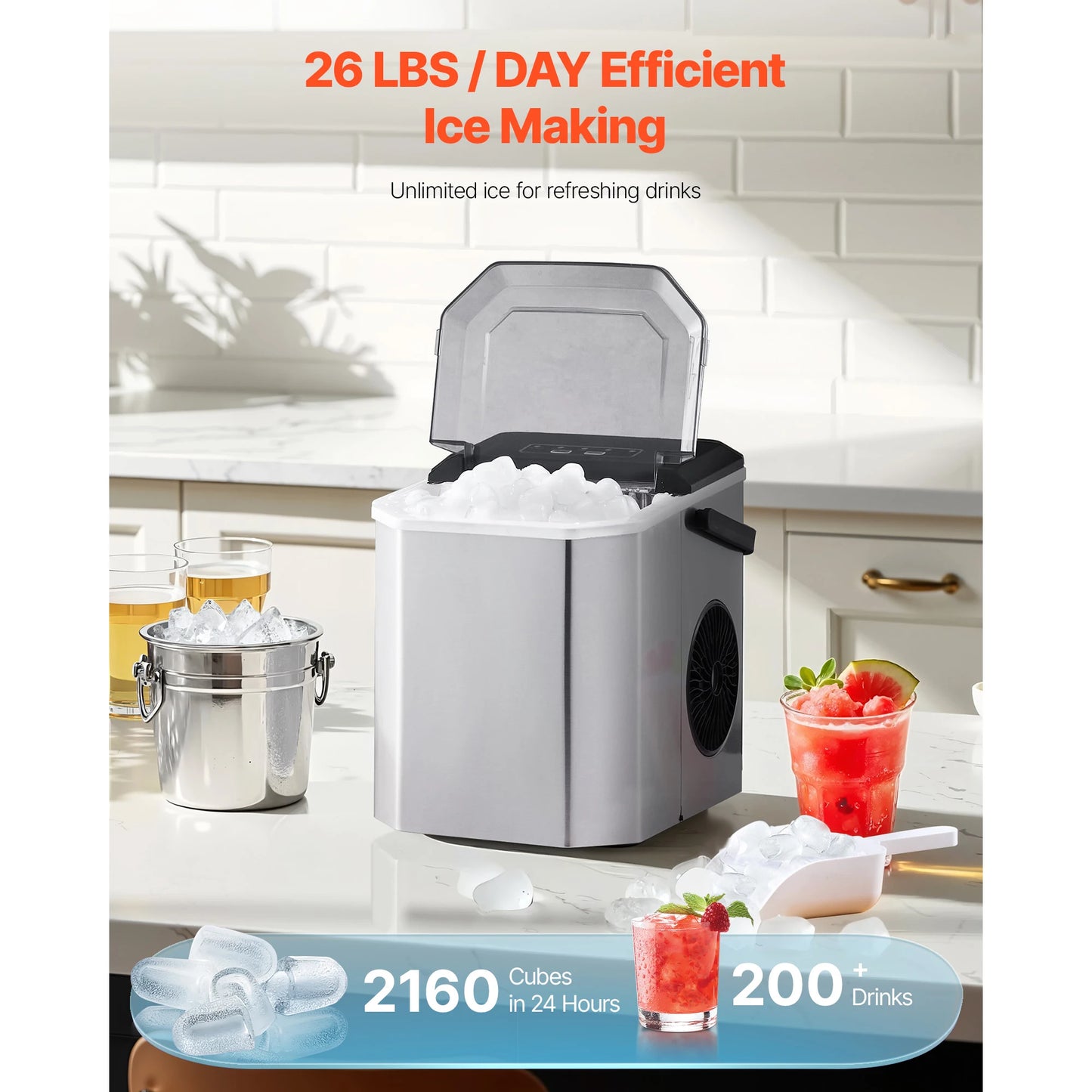 Countertop Ice Maker - 26lbs Daily Capacity with Self-Cleaning Function