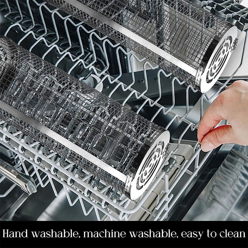 Stainless Steel Rolling BBQ Grill Basket for Vegetables, Shrimp & More