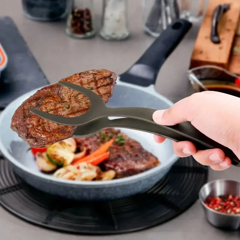 2-in-1 Nylon Flip Tongs with Egg Spatula & Steak Turner - Multi-Function Kitchen Tool