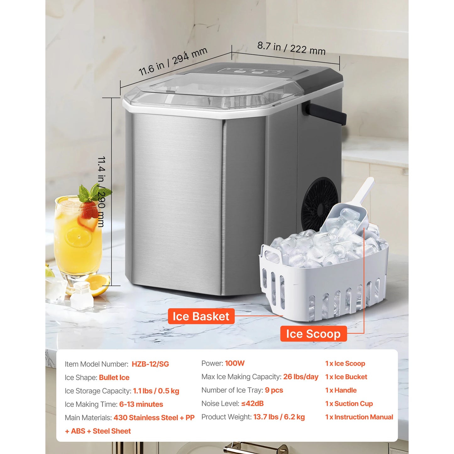 Countertop Ice Maker - 26lbs Daily Capacity with Self-Cleaning Function