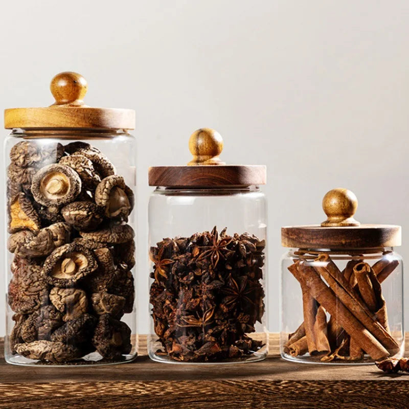 Airtight Glass Food Storage Jar with Acacia Wood Lid — S, M & L for Coffee, Spices, Nuts & More