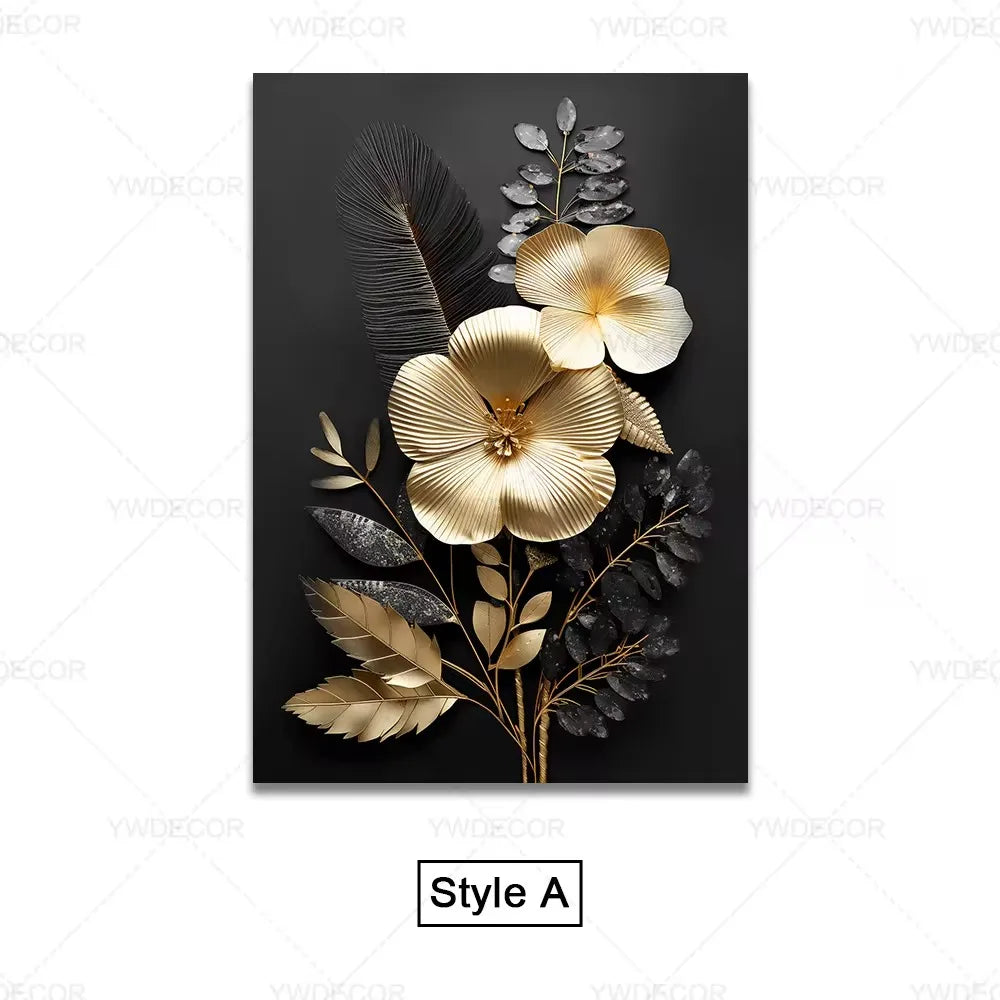 Black Gold Plant Leaves Canvas Wall Art - Modern Abstract Poster for Living Room Decor