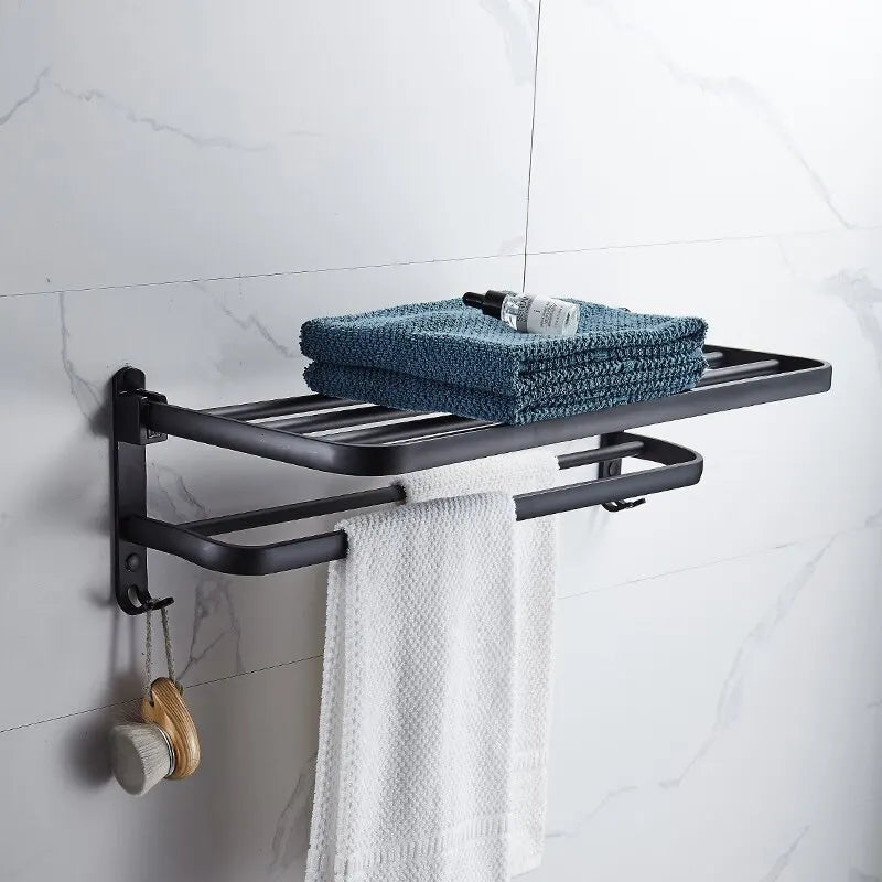 Matte Black Double Towel Rack with Folding Bars