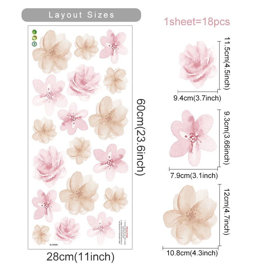 Boho Watercolor Flower Wall Stickers - Removable Peel & Stick Decals for Bedroom & Nursery