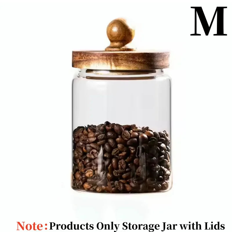 Airtight Glass Food Storage Jar with Acacia Wood Lid — S, M & L for Coffee, Spices, Nuts & More