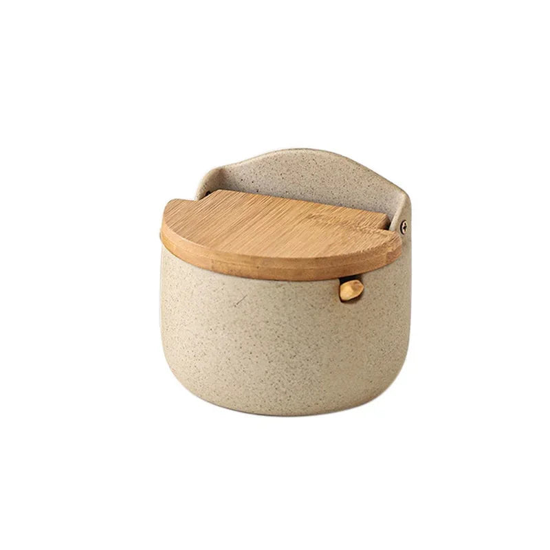 Japanese Ceramic Spice Jar with Bamboo Lid & Spoon — Kitchen Sugar, Salt & Seasoning Container