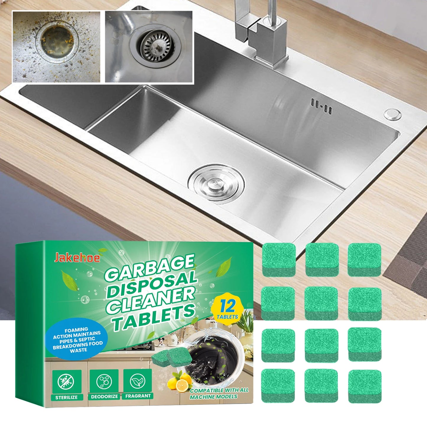 Garbage Disposal Cleaner Tablets - Foaming Drain Deodorizer 12-Pack