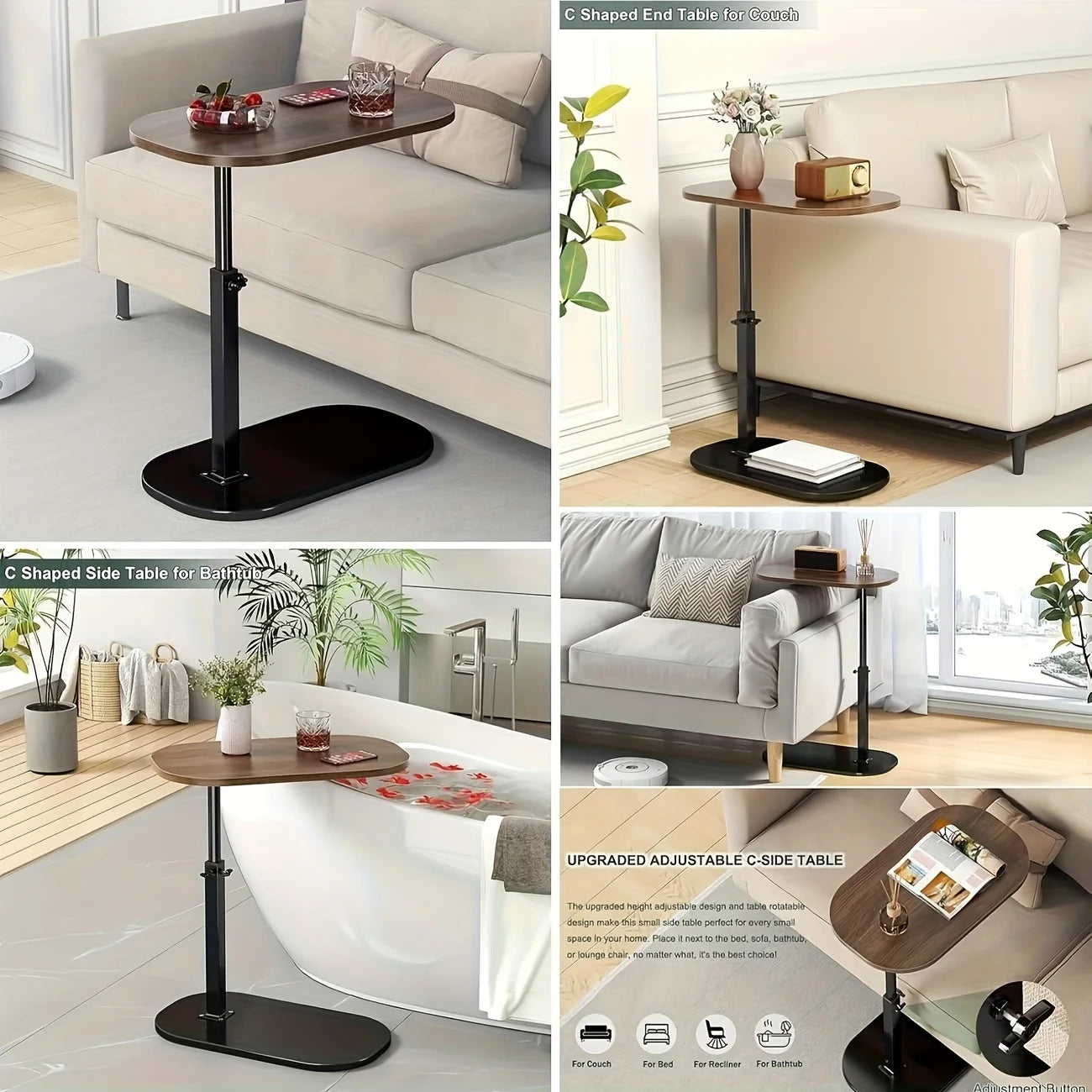 Adjustable Height Table - Portable Wooden Tabletop Sofa Side Table for Coffee, Office & Outdoor Use