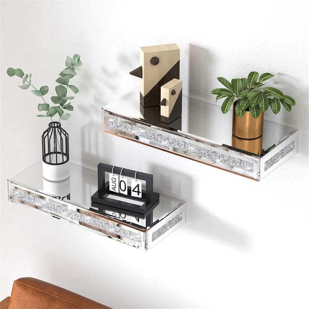 Luxury Mirrored Wall Shelf - Crushed Diamond Floating Display Rack (38x15cm)