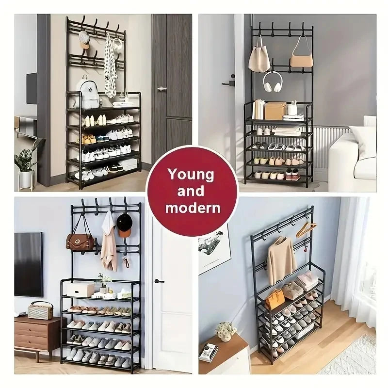 Industrial Entryway Hall Tree with Shoe Storage Bench, Coat Rack & Hanging Organizer