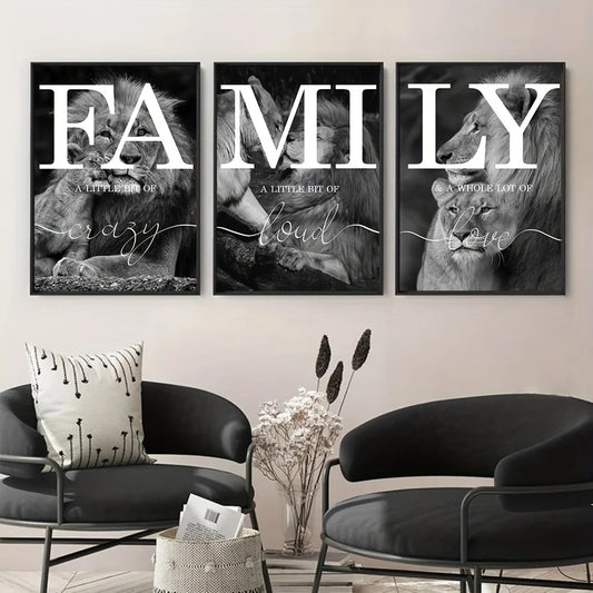 Lion Family Canvas Wall Art 3-Piece Set - Black & White Animal Prints for Living Room