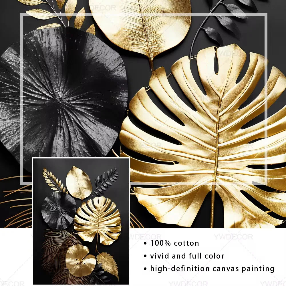 Black Gold Plant Leaves Canvas Wall Art - Modern Abstract Poster for Living Room Decor