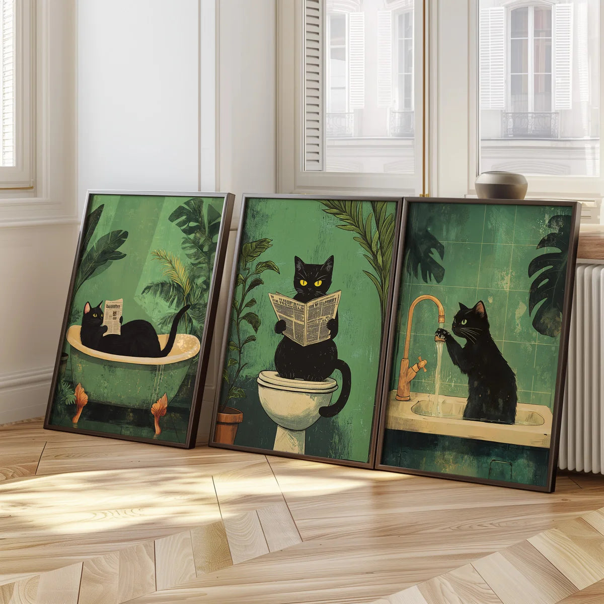 Funny Black Cat Bathroom Wall Art - Set of 3 Canvas Prints for Toilet Decor