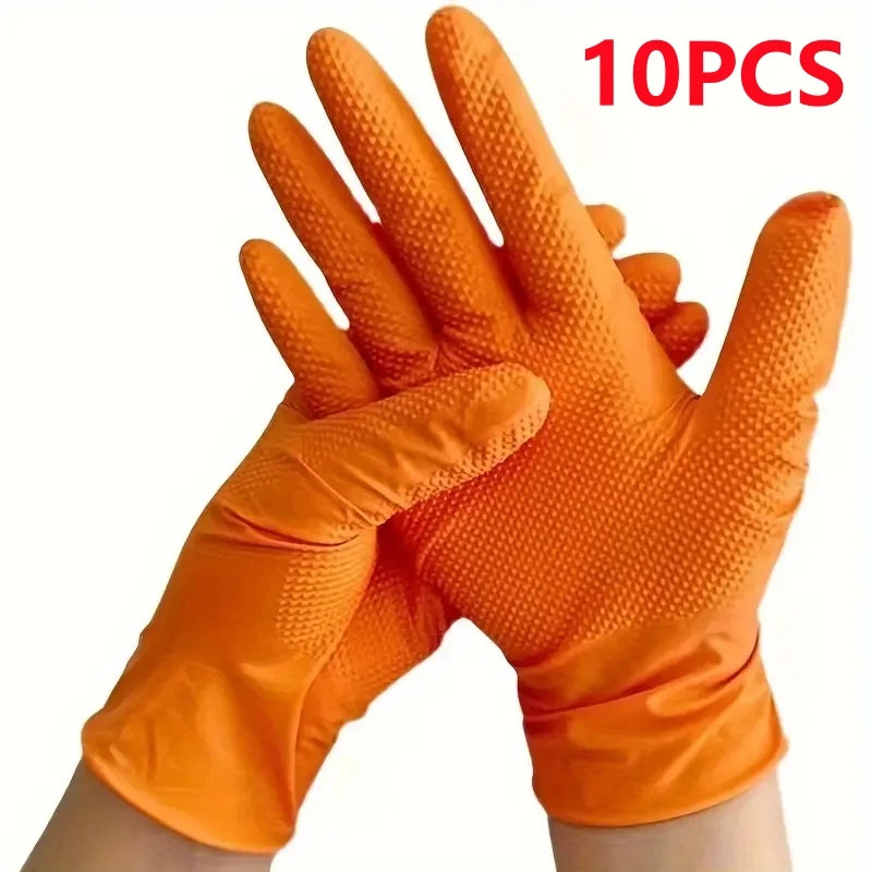 Heavy Duty Orange Nitrile Gloves - 8Mil Industrial Disposable Gloves with Diamond Grip